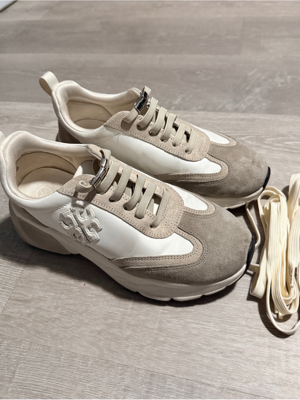 Tory Burch Taupe Suede and White Leather Platform Sneakers